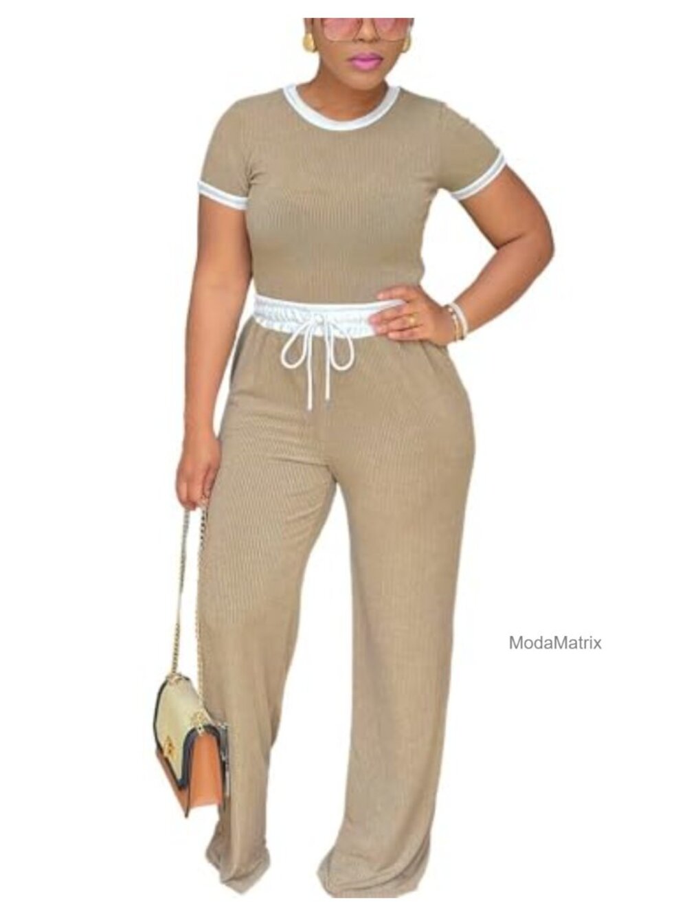 Women's 2 Piece Lounge Set Cropped Top Wide Leg Pants Polyester Spandex